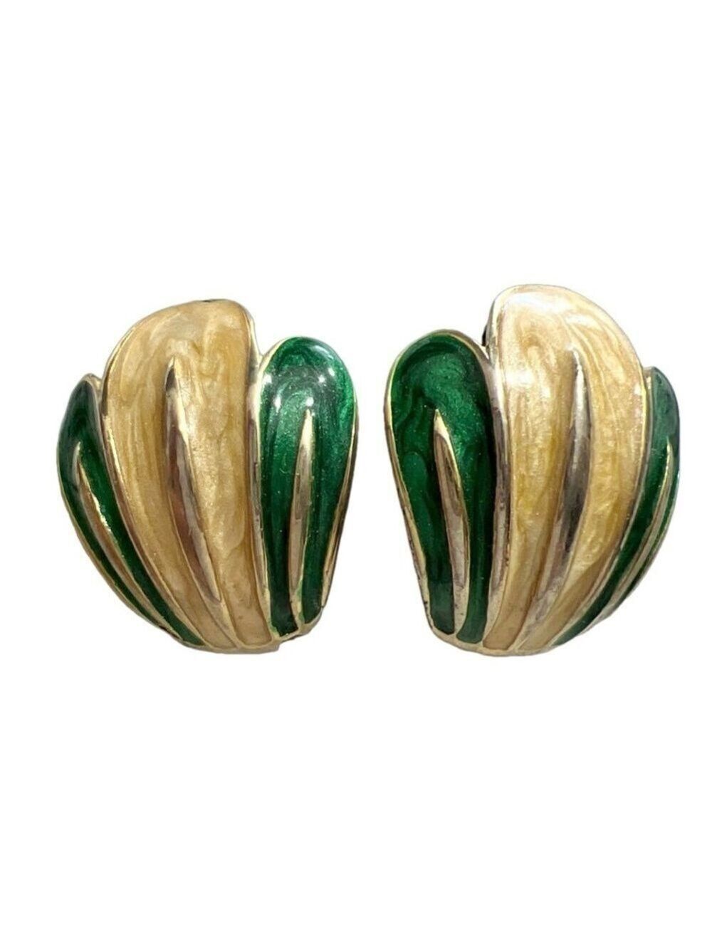 Vintage green cream gold colour pierced ear costume jewellery shell earrings